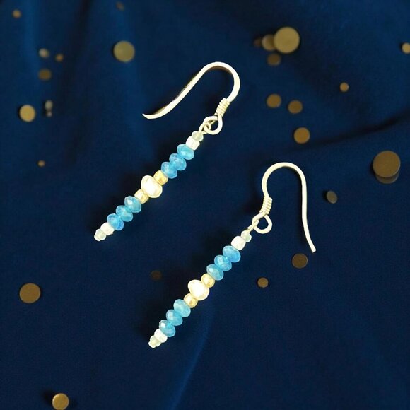 Dainty Blue Apatite & Pearl Earrings • Amazonite • 925 Sterling Silver Handmade - Picture 5 of 9